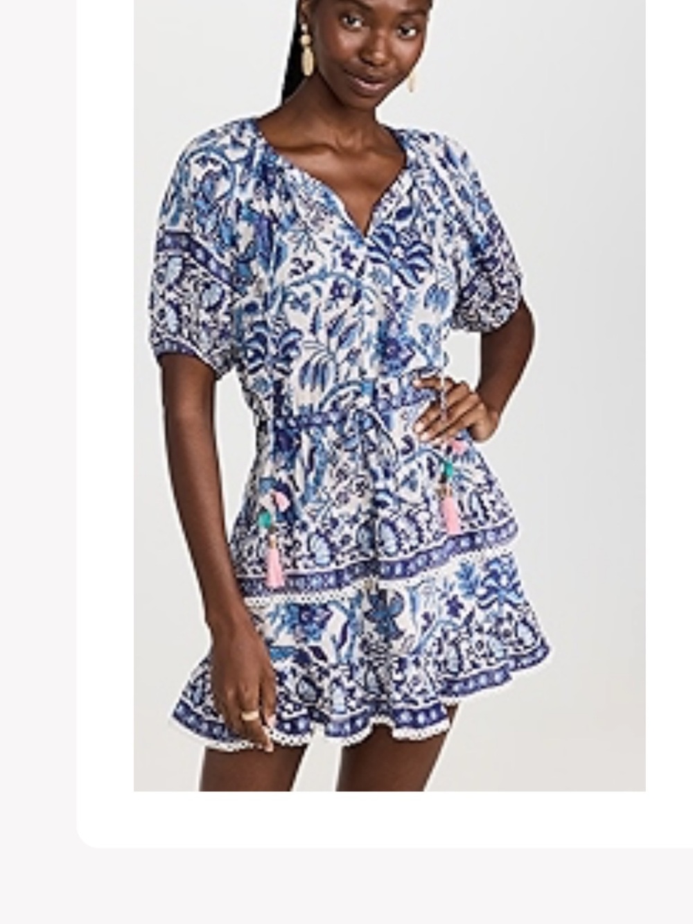 Boho Blue Floral Mini Dress with Tassel Tie